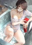  1girl absurdres bangs bare_legs bathroom breasts brown_eyes brown_hair can cellphone cleavage commentary_request drinking_straw eyebrows_visible_through_hair faucet highres holding holding_phone indoors knees_up kyoyakyo large_breasts mouth_hold naked_shirt nipples no_bra no_panties off_shoulder original phone see-through shirt short_hair single_bare_shoulder sitting smartphone soda_can solo tile_wall tiles water wet wet_clothes wet_shirt 