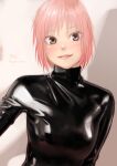  1girl black_bodysuit blush bodysuit breasts brown_eyes highres kilye_kairi large_breasts latex_bodysuit looking_at_viewer medium_hair original parted_lips pink_hair skin_tight smile solo upper_body 