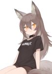  1girl :3 absurdres animal_ear_fluff animal_ears bangs belt_collar black_shirt breasts clothes_writing collar commentary english_commentary eyebrows_visible_through_hair fox_ears fox_girl fox_tail hair_between_eyes highres klaius long_hair looking_at_viewer orange_eyes original shirt short_shorts short_sleeves shorts simple_background sitting slit_pupils small_breasts smile solo tail white_background 