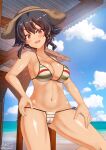  1girl aquaegg bikini black_hair blush braid breasts brown_eyes cameltoe cleavage collarbone eyebrows_visible_through_hair girls_und_panzer hat highres large_breasts looking_at_viewer navel open_mouth outdoors pepperoni_(girls_und_panzer) shiny shiny_hair shiny_skin short_hair side-tie_bikini sky smile solo standing straw_hat swimsuit 