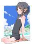  1girl akari_(raigou) arm_support bangs bare_shoulders barefoot black_camisole black_hair black_shorts blue_sky blunt_bangs blush border camisole cloud commentary_request eyebrows_visible_through_hair full_body long_hair looking_to_the_side open_mouth original outdoors outside_border pointy_ears ponytail pool raigou seiza short_shorts shorts sitting sky solo sweatdrop white_border yellow_eyes 
