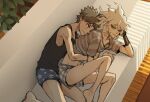  2boys ahoge bangs bare_legs biting black_tank_top blue_male_underwear blush brown_hair couch danganronpa_(series) danganronpa_2:_goodbye_despair english_commentary from_above hinata_hajime hug hug_from_behind knees_up komaeda_nagito lip_biting looking_at_another looking_back lying male_underwear mechanical_arms multiple_boys on_couch on_side plaid shirt short_hair shorts single_mechanical_arm smile spooning striped striped_shirt tank_top underwear yandr4hope yaoi 