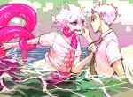  2boys ahoge bangs brown_eyes collared_shirt danganronpa_(series) danganronpa_2:_goodbye_despair english_commentary hand_on_another&#039;s_face hinata_hajime hinata_hajime_(awakened) implied_anal in_water komaeda_nagito looking_at_another male_focus multiple_boys necktie necktie_grab neckwear_grab open_mouth outdoors pale_skin pants print_shirt red_eyes shirt short_hair short_sleeves smile tearing_up tentacle_sex tentacles upper_body white_hair white_shirt yandr4hope 