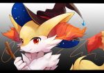  animal_ear_fluff braixen brown_headwear closed_mouth commentary_request fang fang_out furry gen_6_pokemon goma_(nabepa_nabepa) hands_up hat hatted_pokemon highres holding holding_stick looking_to_the_side orange_eyes pokemon pokemon_(creature) smile solo stick upper_body white_fur witch_hat 