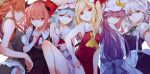  6+girls \||/ blonde_hair blue_eyes braid closed_mouth commentary_request crescent crescent_hat_ornament expressionless feet_out_of_frame flandre_scarlet hair_intakes hat hat_ornament head_wings highres hong_meiling izayoi_sakuya koakuma long_hair mob_cap multiple_girls one_side_up patchouli_knowledge pointy_ears profile purple_eyes purple_hair red_eyes remilia_scarlet risui_(suzu_rks) side_braids sideways_glance the_embodiment_of_scarlet_devil touhou twin_braids white_background white_headwear 
