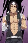  1boy abs absurdres belt biceps black_eyes black_hair fingerless_gloves gloves highres hyakujuu-ou_golion kuroshinki looking_at_viewer male_focus mechanical_arms multicolored_hair muscular muscular_male scar short_hair single_mechanical_arm smile solo takashi_shirogane toned two-tone_hair upper_body vest vest_lift voltron:_legendary_defender white_hair 