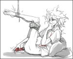 1boy anal anal_object_insertion bangs barefoot bdsm bondage bound collarbone danganronpa_(series) danganronpa_2:_goodbye_despair english_commentary feet_up finger_in_mouth from_side hand_up komaeda_nagito male_underwear messy_hair monochrome object_insertion pale_skin penis pillow print_shirt sex_toy shirt solo spot_color underwear underwear_pull vibrator yandr4hope 
