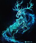  antlers blue_theme character_request commentary dated deer elden_ring english_commentary highres monochrome no_humans rearing shimhaq signature 