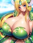  1girl alternate_breast_size armor bikini_armor blonde_hair blue_eyes blurry blurry_background blush breasts cleavage curvy earrings gigantic_breasts grass hair_ornament jewelry long_hair looking_at_viewer mikan_(5555) outdoors riesz seiken_densetsu seiken_densetsu_3 smile very_long_hair 