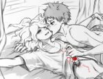  2boys ahoge bangs belt blush bound bound_wrists collarbone danganronpa_(series) danganronpa_2:_goodbye_despair english_commentary hinata_hajime komaeda_nagito licking licking_cheek licking_face looking_at_another lying male_focus male_underwear messy_hiar monochrome multiple_boys on_back on_bed open_mouth pants print_shirt sex_toy shirt short_hair smile spot_color underwear upper_body vibrator yandr4hope yaoi 