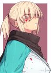  1girl bangs black_scarf blonde_hair blood blood_on_face bloody_clothes breasts commentary_request eyebrows_visible_through_hair eyes_visible_through_hair fate/grand_order fate_(series) from_side hair_between_eyes ishibori_eregomos japanese_clothes kimono looking_at_viewer medium_hair okita_souji_(fate) okita_souji_(fate)_(all) open_mouth ponytail purple_background scarf simple_background slit_pupils solo white_background yellow_eyes 