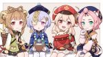  5girls :3 :d ahoge animal_ears backpack bag bag_charm bandaged_leg bandages bangs bangs_pinned_back bead_necklace beads bell black_nails black_shorts bloomers bottle bow bowtie braid brown_eyes brown_gloves brown_hair brown_scarf cabbie_hat cat_ears cat_girl cat_tail charm_(object) chinese_clothes clover_print coat coconut coin_hair_ornament commentary_request detached_sleeves diona_(genshin_impact) dodoco_(genshin_impact) drinking_straw eyebrows_visible_through_hair genshin_impact gloves hair_between_eyes hair_ribbon hat hat_feather hat_ornament highres jewelry jiangshi jumpy_dumpty kagamine_ran klee_(genshin_impact) light_brown_hair long_hair looking_at_viewer low_ponytail low_twintails mechanical_halo multiple_girls necklace ofuda open_mouth orange_eyes orb paimon_(genshin_impact) paw_pose paw_print paw_print_palms pocket pointy_ears purple_eyes purple_hair qing_guanmao qiqi_(genshin_impact) randoseru red_coat red_headwear ribbon scarf short_hair shorts sidelocks simple_background single_braid sitting smile tail thighhighs twintails underwear white_legwear yaoyao_(genshin_impact) yin_yang yin_yang_orb zettai_ryouiki 