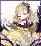  1girl black_border blonde_hair border bow braid briar_rose_(sinoalice) crown dress elbow_gloves flower gloves hair_ribbon highres looking_at_viewer off_shoulder one_eye_closed open_mouth plant puffy_short_sleeves puffy_sleeves ribbon rose royal short_hair short_sleeves side_ponytail simple_background sinoalice sketch solo sonori thorns vines white_flower white_gloves white_rose yellow_eyes 
