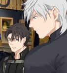  2boys bara black_bodysuit black_shirt blue_eyes bodysuit breast_envy bursting_pectorals costume_request fate/grand_order fate_(series) from_side fujimaru_ritsuka_(male) grey_hair large_pectorals looking_at_another looking_down male_focus meme multiple_boys muscle_envy muscular muscular_male osmond pectoral_envy_(meme) pectoral_focus pectorals percival_(fate) shirt short_hair staring upper_body 