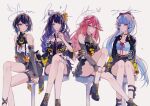  4girls alternate_costume animal_ears bangs blunt_bangs bob_cut braid braided_ponytail casual contemporary crown flower fox_ears genshin_impact kamisato_ayaka kujou_sara light_blue_hair long_hair mini_crown mole mole_under_eye multiple_girls pink_hair ponytail purple_eyes purple_flower purple_hair raiden_(genshin_impact) short_hair sitting yae_(genshin_impact) yellow_eyes yeurei 