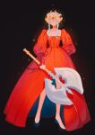  1girl axe aymr_(fire_emblem) blush breasts cape closed_mouth dress edelgard_von_hresvelg fire_emblem fire_emblem:_three_houses hair_ornament holding holding_axe horns long_hair long_sleeves meyoco red_cape ribbon simple_background smile solo weapon white_hair 