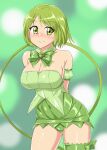  1girl arms_behind_back blush bow breasts brooch choker cleavage covered_navel cowboy_shot detached_sleeves eyebrows forehead green_bow green_choker green_leotard grey_background highres jewelry large_breasts leg_garter leotard leotard_under_clothes long_hair magical_girl mew_lettuce midorikawa_lettuce miniskirt puffy_detached_sleeves puffy_sleeves rururu_ichigo shiny skirt solo sparkle_background tokyo_mew_mew very_long_hair 