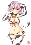  1girl alternate_costume animal_ears animal_print artist_logo bell bikini breasts brown_eyes commentary_request cow_ears cow_horns cow_print cow_tail cowbell cowboy_shot dated elbow_gloves fake_animal_ears fake_horns gloves groin hair_intakes highres horns kanon_(kurogane_knights) kantai_collection looking_at_viewer lowleg lowleg_bikini medium_breasts one-hour_drawing_challenge paw_pose pink_hair short_hair side-tie_bikini simple_background solo swimsuit tail tama_(kancolle) thighhighs white_background white_bikini white_gloves white_legwear 