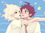  2boys :d ahoge bangs blue_background blush breast_pocket brown_eyes brown_hair collared_shirt danganronpa_(series) danganronpa_2:_goodbye_despair english_commentary grey_eyes hands_up hinata_hajime komaeda_nagito licking licking_cheek licking_face looking_at_another male_focus multiple_boys necktie open_mouth pocket shirt short_hair short_sleeves smile star_(symbol) tongue tongue_out upper_teeth white_hair white_shirt yandr4hope 