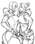  2girls absurdres apoloniodraws greyscale hand_on_another&#039;s_face hand_on_hip highres jett_(valorant) mask monochrome multiple_girls riot valorant viper 
