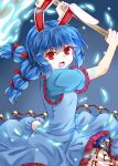  1girl animal_ears arms_up bangs blue_background blue_dress blue_hair blue_sleeves breasts dress eyebrows_visible_through_hair frills hair_between_eyes hands_up looking_at_viewer medium_breasts medium_hair open_mouth pants rabbit_ears rabbit_tail red_eyes seiran_(touhou) short_sleeves simple_background solo tail touhou twintails weapon white_pants zetsumame 