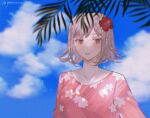  1girl alternate_costume bangs blurry blurry_background blush brown_eyes brown_hair commentary_request danganronpa_(series) danganronpa_2:_goodbye_despair day flipped_hair floral_print flower hair_flower hair_ornament highres looking_at_viewer nanami_chiaki outdoors palm_tree pink_shirt red_flower shirt short_hair sky solo teeth tree twitter_username upper_body yoru_(yorusumire) 