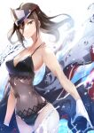  1girl absurdres black_hair black_swimsuit brown_hair dress_swimsuit fishnet_swimsuit hat highres medium_hair morag_ladair_(obligatory_leave)_(xenoblade) morag_ladair_(xenoblade) one-piece_swimsuit risumi_(taka-fallcherryblossom) solo swimsuit water xenoblade_chronicles_(series) xenoblade_chronicles_2 