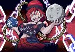  1girl bare_shoulders black_shirt breasts chain clothes_writing hat hecatia_lapislazuli helltaker looking_at_viewer multicolored multicolored_clothes off-shoulder_shirt off_shoulder open_mouth polos_crown red_eyes red_hair shirt skirt solo t-shirt touhou warugaki_(sk-ii) 