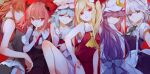  6+girls \||/ blonde_hair blue_eyes braid closed_mouth commentary_request crescent crescent_hat_ornament expressionless feet_out_of_frame flandre_scarlet hair_intakes hat hat_ornament head_wings highres hong_meiling izayoi_sakuya koakuma long_hair mob_cap multiple_girls one_side_up patchouli_knowledge pointy_ears profile purple_eyes purple_hair red_background red_eyes remilia_scarlet risui_(suzu_rks) side_braids sideways_glance the_embodiment_of_scarlet_devil touhou twin_braids white_headwear 