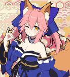  1girl animal_ear_fluff animal_ears artist_request bare_shoulders blue_kimono blue_ribbon breasts cleavage closed_mouth detached_sleeves eyebrows_visible_through_hair fate/extella fate/extra fate/extra_ccc fate/grand_order fate_(series) fox_ears fox_girl fox_shadow_puppet fox_tail hair_ribbon highres japanese_clothes kimono large_breasts one_eye_closed pink_hair ribbon solo tail tamamo_(fate)_(all) tamamo_no_mae_(fate) yellow_eyes 