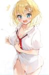  1girl bangs blonde_hair blue_eyes blush breasts buttons cleavage flying_button hair_ornament highres hololive hololive_english monocle_hair_ornament open_mouth popped_button seboneko shirt simple_background solo virtual_youtuber wardrobe_malfunction watson_amelia white_background white_shirt 