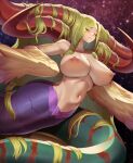  1girl absurdly_long_hair armpits bangs bare_shoulders blonde_hair blush breasts breath_of_fire breath_of_fire_iii closed_eyes closed_mouth collarbone curled_horns eyebrows_visible_through_hair feathered_wings groin hair_on_horn horns huge_breasts lamia long_hair monster_girl multiple_horns myria navel nipples niur nude parted_bangs perky_breasts reward_available sidelocks sky solo star_(sky) starry_sky stomach very_long_hair winged_arms wings 