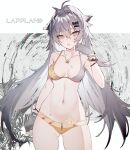  1girl :o ahoge alternate_costume animal_ears arknights bikini bracelet breasts character_name commentary fingerless_gloves floppy_ears gloves grey_eyes grey_gloves grey_hair grey_nails hair_between_eyes hair_intakes hair_ornament hairclip hand_up highres jewelry lappland_(arknights) long_hair medium_breasts messy_hair navel scar scar_across_eye solo soukou_makura sweat swimsuit symbol_commentary very_long_hair white_background wolf_ears yellow_bikini 