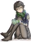  1girl ass atsuta_miyazu black_hair glasses gloves highres looking_at_viewer mitsuha_(bless_blessing) pantyhose scarf school_uniform shin_megami_tensei shin_megami_tensei_v short_hair simple_background skirt smile soles solo toes wavy_hair 