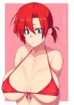  1girl bangs bikini bikini_top blue_eyes blush boudica_(fate) breasts closed_mouth collarbone commentary_request eyebrows_visible_through_hair eyes_visible_through_hair fate/grand_order fate_(series) highres ishibori_eregomos large_breasts medium_hair pink_background ponytail red_hair shiny shiny_skin short_ponytail simple_background solo sweatdrop swimsuit translation_request white_background 