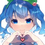  1girl bangs blue_eyes blue_hair blush commentary_request green_headwear hair_bobbles hair_ornament hands_up hat heart heart_hands highres kappa_mame kawashiro_nitori looking_at_viewer medium_hair milestone_celebration pixel_heart signature simple_background smile solo sparkle thank_you touhou twitter_username two_side_up upper_body white_background 