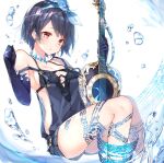  1girl alice_(sinoalice) bikini black_gloves blue_hair blush bow bubble choker earrings elbow_gloves gloves guitar hair_bow hairband highres holding holding_instrument instrument jewelry looking_at_viewer mcmcmococo overall_shorts overalls red_eyes short_hair simple_background sinoalice solo swimsuit tattoo water 
