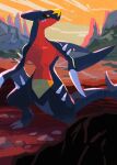 black_sclera claws colored_sclera fangs fangs_out garchomp gen_4_pokemon highres looking_back mo~zu no_humans orange_sky outdoors pokemon pokemon_(creature) sky solo spikes standing twilight yellow_eyes 
