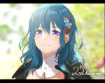  1girl anniversary armor asao_(vc) bangs black_armor blue_eyes blue_flower blue_hair blush byleth_(fire_emblem) byleth_(fire_emblem)_(female) closed_mouth commentary_request detached_collar english_text engrish_text eyebrows_visible_through_hair fire_emblem fire_emblem:_three_houses flower hair_between_eyes hair_flower hair_ornament lips long_hair looking_at_viewer outdoors petals ranguage red_flower red_rose rose shoulder_armor smile solo upper_body yellow_flower 