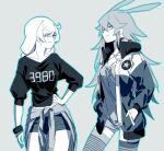  2girls animal_ears antenna_hair asymmetrical_legwear bangs black_shirt blaise_(akigayakozato) blue_legwear blue_shorts bracelet braid braided_ponytail casual clothes_around_waist fox_ears grey_background grey_hair grey_legwear grey_shirt hair_between_eyes hands_in_pockets headphones headphones_around_neck highres honkai_(series) honkai_impact_3rd jacket jacket_around_waist jewelry kallen_kaslana long_hair long_sleeves mismatched_legwear monochrome multiple_girls shirt shorts simple_background sleeves_past_elbows striped striped_legwear thighhighs thighs white_hair yae_sakura 