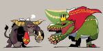  absurdres banana cape cosplay crossover crown deviljho donkey_kong donkey_kong_(cosplay) donkey_kong_country fangs food frown fruit highres king_k._rool king_k._rool_(cosplay) looking_at_another monster_hunter_(series) necktie rajang rariatto_(ganguri) red_cape red_eyes red_neckwear roaring signature yellow_eyes 