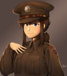  1girl blue_eyes breast_pocket british brown_hair brown_shirt closed_mouth collared_shirt hat hermann highres long_sleeves military military_hat military_uniform original peaked_cap pocket ponytail serious shirt signature solo uniform world_war_ii 