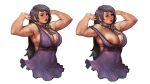  1girl areolae arms_up biceps bra bra_strap covered_navel double_bun dress dual_persona final_fantasy final_fantasy_vii final_fantasy_vii_remake flexing hand_on_hip highres jewelry muscular muscular_female nipple_slip nipples off_shoulder official_alternate_costume one_breast_out pose purple_dress rayluaza simple_background sleeveless sleeveless_dress tifa_lockhart tifa_lockhart&#039;s_refined_dress underwear upper_body 
