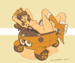  1girl 2017 arms_up bangs boots breasts breasts_apart brown_hair crown earrings gloves jewelry long_hair mario_(series) mario_kart medium_breasts navel nude one_eye_closed orange_footwear orange_gloves princess_daisy shadow signature solo winton_kidd yellow_theme 