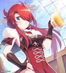  1girl absurdres alcohol aqua_eyes armpits artist_name bang_dream! bangs beer beer_mug beidou_(genshin_impact) beidou_(genshin_impact)_(cosplay) blue_sky blush breasts brown_gloves capelet chinese_clothes cleavage cloud cosplay cowboy_shot cup day despuntater dress earrings elbow_gloves english_commentary eyebrows_visible_through_hair eyepatch fang fingerless_gloves fur-trimmed_capelet fur_trim genshin_impact gloves grin hair_between_eyes hair_ornament hair_over_one_eye hair_stick hand_on_hip highres holding holding_cup huge_filesize jewelry light_rays long_hair looking_at_viewer medium_breasts mug outdoors red_capelet red_dress red_hair ship side_slit sidelocks sky sleeveless sleeveless_dress smile solo standing sunbeam sunlight teeth udagawa_tomoe underbust watercraft 