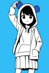  1girl animal_ears animal_hood bangs bear_ears bear_hood blue_background closed_mouth commentary_request dot_nose hand_in_pocket highres hood hood_up hooded_jacket jacket katsuwo_(cr66g) kotoha_(mitsuboshi_colors) long_hair long_sleeves looking_at_viewer mitsuboshi_colors partially_colored pleated_skirt shirt simple_background skirt solo standing 