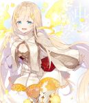  1girl blonde_hair blue_eyes blush cleavage_cutout clothing_cutout dress energy_wings flower hair_flower hair_ornament happy high_collar highres legband long_hair long_sleeves looking_at_viewer mcmcmococo orange_legwear orange_nails petals petticoat puffy_long_sleeves puffy_sleeves rapunzel_(sinoalice) simple_background sinoalice solo thighhighs very_long_hair yellow_flower 