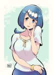  1girl bangs blue_eyes blue_hair blue_skirt blush border breasts bright_pupils chichibu_(chichichibu) collarbone commentary_request freckles hair_ornament hand_up highres lana&#039;s_mother_(pokemon) long_hair mature_female no_sclera open_mouth outside_border pokemon pokemon_(anime) pokemon_sm_(anime) raised_eyebrows shirt short_sleeves skirt smile solo tongue white_border white_pupils white_shirt 