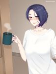  1girl absurdres blue_hair blush coffee collarbone cryptid_crab cup fire_emblem fire_emblem:_three_houses grin highres holding holding_cup indoors lips looking_at_viewer mug purple_eyes shamir_nevrand shirt short_hair smile solo steam white_shirt 