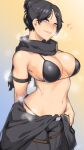  1girl absurdres apex_legends armlet bangs bare_shoulders bikini black_bikini black_hair black_pants black_scarf blush breasts camouflage_scarf cleavage dyun grey_eyes hair_bun heart highres large_breasts navel pants parted_bangs parted_lips scarf stomach sweat swimsuit wraith_(apex_legends) 